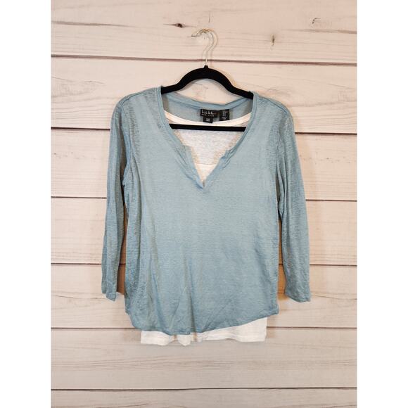 Nicole Miller Women's Light Blue White Layered 3/4 Sleeve V-Neck T-Shirt XS NWT - Picture 1 of 6